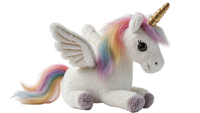 Fluffy white winged unicorn plush toy with rainbow mane and tail, isolated on transparent background