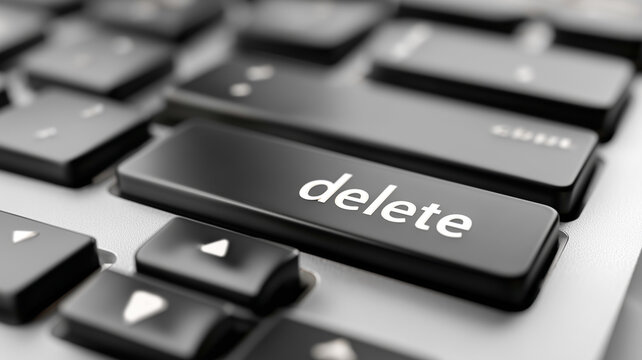Close up of a black delete key on a modern computer keyboard. Technology background with a focus on data erasure, removing files, cancellation, and correction concepts