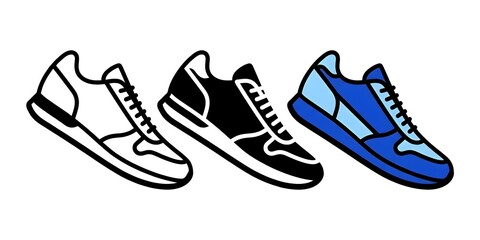 Fototapeta premium Set of three athletic sneaker illustrations in white outline, black, and blue colors, side profile view for sports footwear design and apparel retail concepts on white background