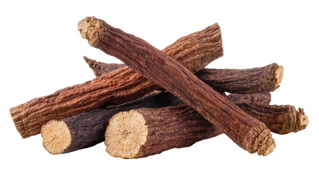 Dried licorice root sticks piled together, isolated on transparent background