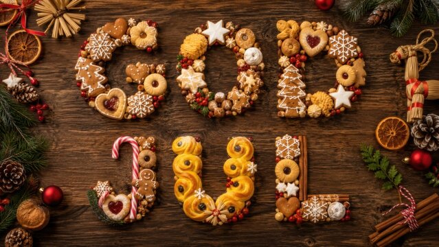 Skandinavischer Weihnachtsgru&szlig; GOD JUL aus traditionellen Weihnachtspl&auml;tzchen und nordischer Festtagsdekoration auf rustikalem Holztisch