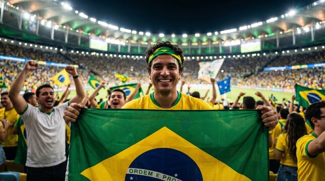 Brazilian football fan celebrates with flag in stadium crowd during a match