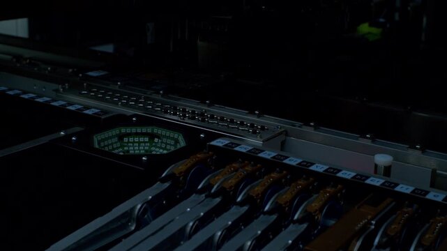 
Close-up of high-speed machine assembling micro components with optical inspection flashes. Robotic arm precision. Smart factory automation, industrial engineering and hardware tech