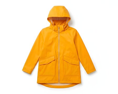 Vibrant yellow rain jacket with a hood and large pockets displayed as a flat lay on a white background, water resistant outerwear for rainy weather and seasonal clothing sales
