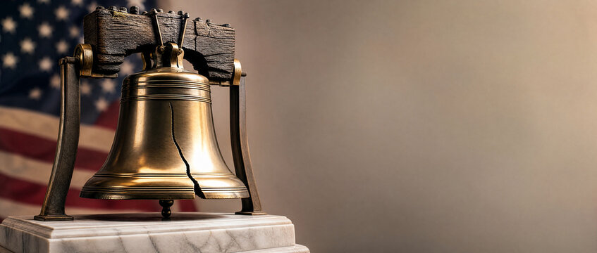 Liberty Bell replica standing before American flag. Symbol of freedom and national independence for patriotic celebration. Historical iconic object for Independence Day honoring nation.