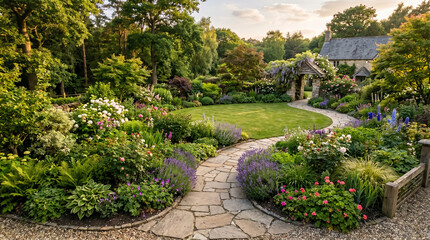 Obraz premium Tranquil Garden Path Leading Through Vibrant Flowers To A Charming Stone Cottage
