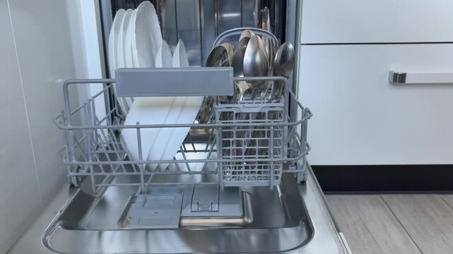 An open dishwasher after a wash cycle. Men's hands check the cleanliness of the dishes. Household appliances, everyday routine
