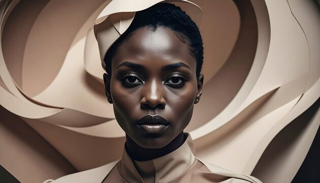 Close up portrait of beautiful afro american woman in stylish hat and beige outfit against abstract paper swirl background. High fashion and elegance concept