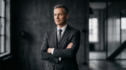 Fototapeta premium Confident Businessman Standing with Crossed Arms in Modern Corporate Office