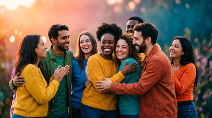 Fototapeta premium Diverse group of young adults smiling and embracing outdoors at golden hour