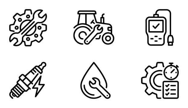 Black line icons, industrial symbols, tractor, spark plug, gear, oil drop, timer, 6 pcs