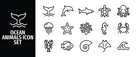 Ocean animals icon set, marine life collection, sea creatures vector icons, underwater wildlife symbols, aquatic animals, simple line art illustrations © Abir Creative Studio