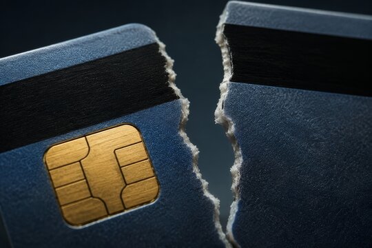 Broken blue credit card split in half. Damaged plastic payment bank card with metal chip. Financial problem, bankruptcy, debt and account closure concept. Close up macro photography.