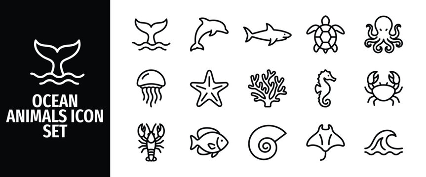 Ocean animals icon set, marine life collection, sea creatures vector icons, underwater wildlife symbols, aquatic animals, simple line art illustrations