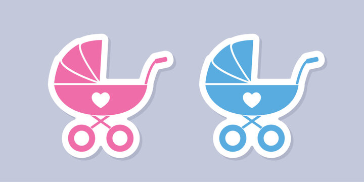 baby carriage sticker, blue and pink vector design elements for gender reveal party or baby shower decoration