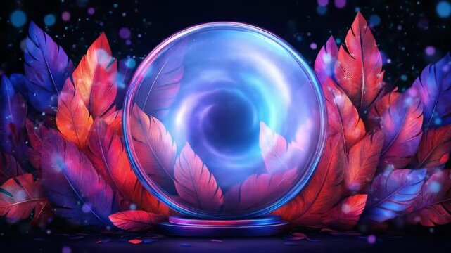 Glowing crystal ball surrounded by vibrant red and blue leaves mystical atmosphere