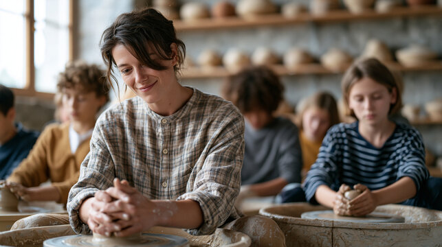 Ceramics teacher guiding a group of middle schoolers at individual pottery wheels in a clay-dusted studio, walls lined with finished autumn-glazed vessels, each student coaxing a