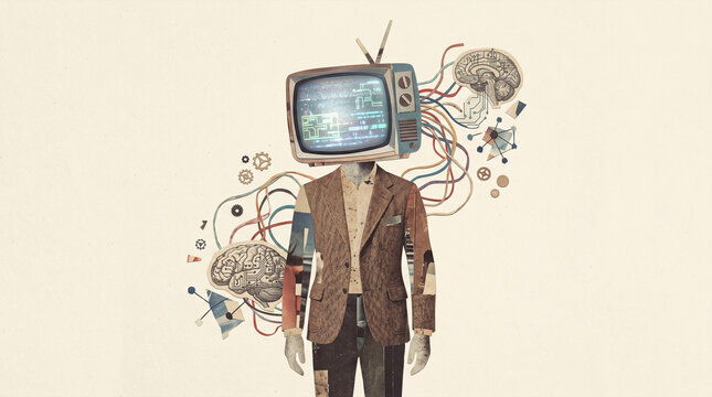 Humanoid figure with television head exploring digital media and information processing