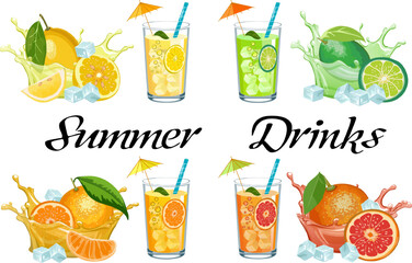 A collection of summer lemonades made from citrus fruits.Vector illustration with a set of drinks in glasses made of citrus fruits on a transparent background with text. © Инна Федорова