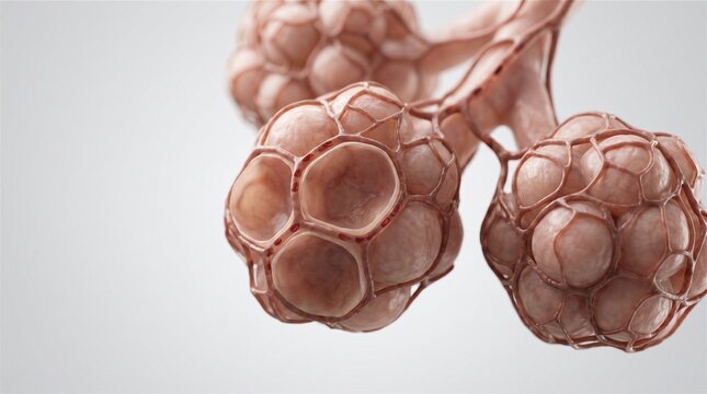 Human lung alveoli structure with capillaries on white background