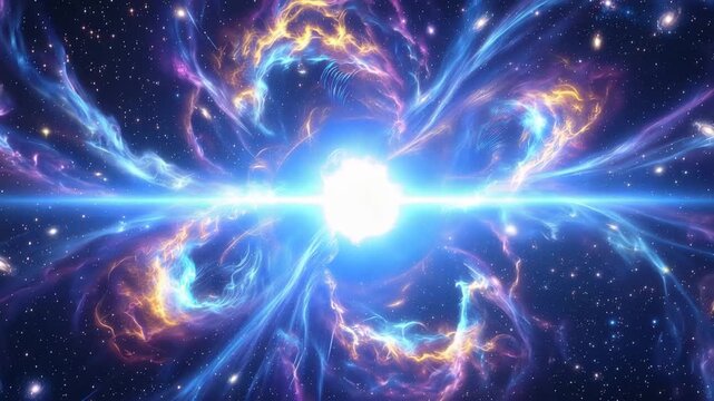Cosmic explosion in deep space with vibrant nebulae, glowing stardust, and light streaks, abstract galaxy background 4k video