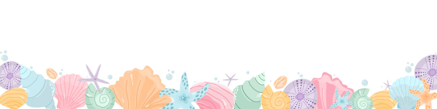 Vector border with summer beach shells and marine starfishes. Decorative horizontal banner template isolated on white background for design.