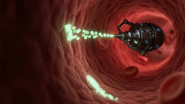 Nanorobot repairing tissue inside human vein. Microscopic medical machine targeting red blood cell in bloodstream. Future nanotechnology for health treatment study.