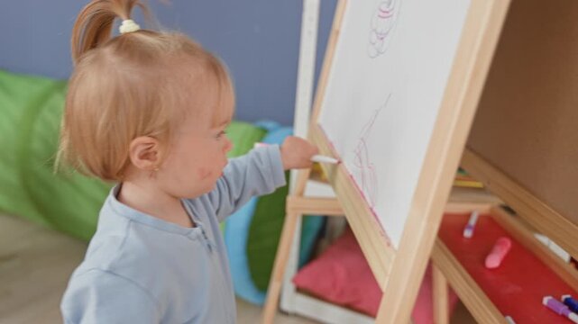 Girl holds marker with hand drawing pink scribbles on whiteboard easel in playroom near abacus and cushion; curiosity learning play.