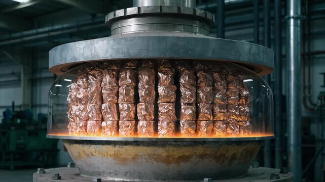 Medium shot capturing the bell furnace encapsulating workhardened copper highlighting the uniform heat treatment during recrystallization annealing.