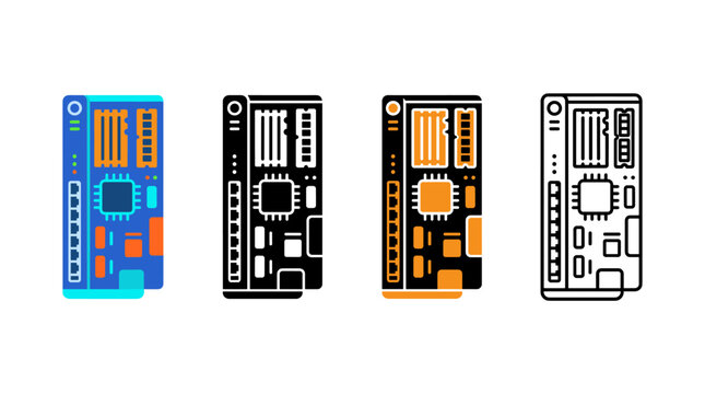 Blade Server Module Icon with Server Rack and Circuit Board Symbols in Flat, Silhouette, Outline and Glyph Design