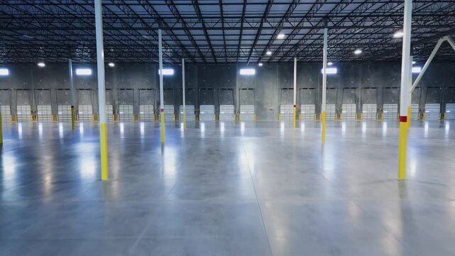 Large industrial facility with a long row of loading dock doors and polished concrete floor 0