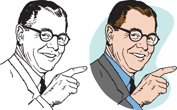 A vintage retro illustration of a businessman wearing glasses pointing at something interesting. 
