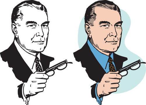 A vintage retro illustration of an older businessman taking off his glasses. 