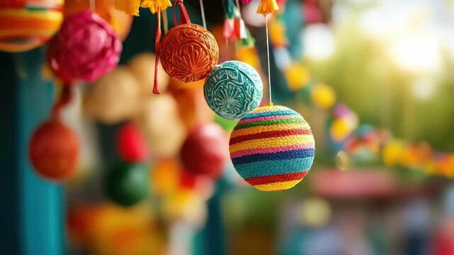 Colorful handmade yarn ornaments in outdoor market setting. Cinco de Mayo, Battle of Puebla Day, Mexican Heritage Festival - Latin American Cultural Celebration