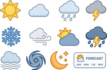 Obraz premium Set of colorful hand-drawn weather forecast icons depicting sun clouds rain storm snow wind hurricane and moon with forecast, meteorology