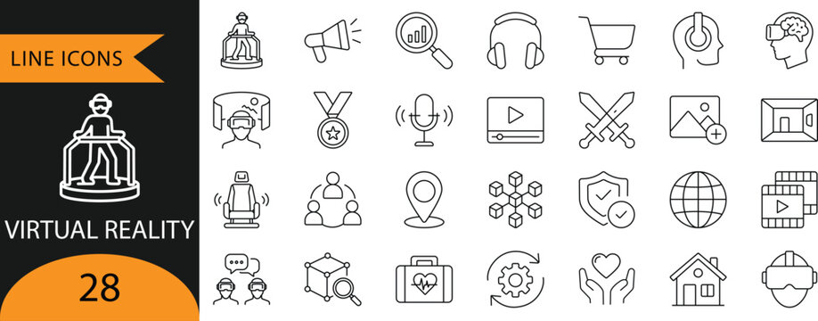 Virtual Reality, VR, and Metaverse Line Icons.
