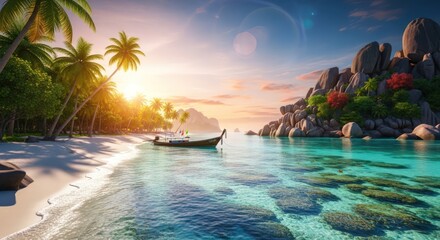 Obraz premium Stunning tropical paradise beach at sunset with a lone boat and vibrant sky.