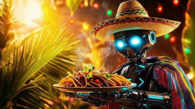 Futuristic robot in sombrero holding tacos at festive latino celebration. Cinco de Mayo, Battle of Puebla Day, Mexican Heritage Festival - Latin American Cultural Celebration