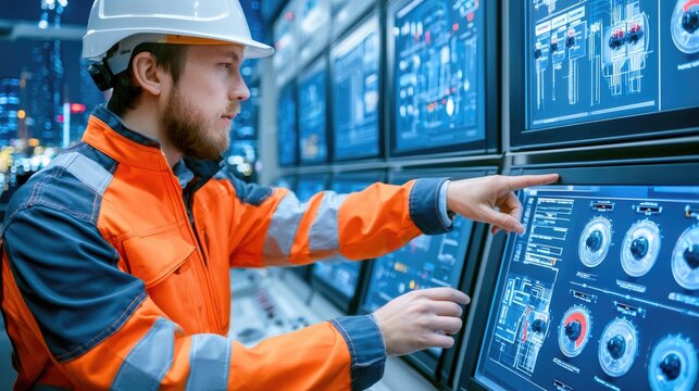 Industrial Engineer Monitoring Digital Control System on Advanced Technology Screens in Smart Factory