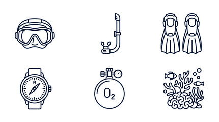 Scuba diving equipment and marine life minimalist line icons © diwi