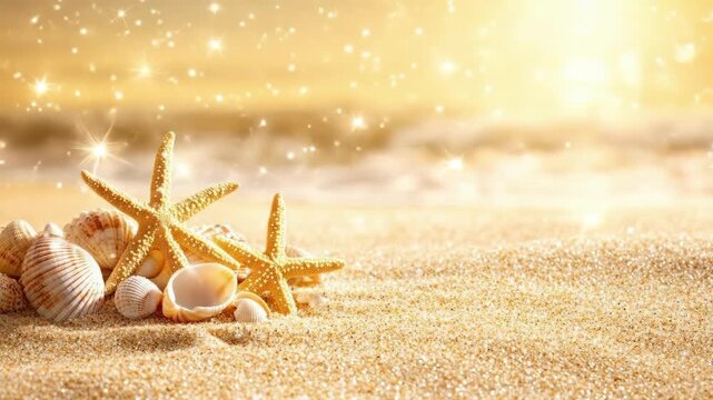Golden beach with starfish and seashells sparkling in sunlight