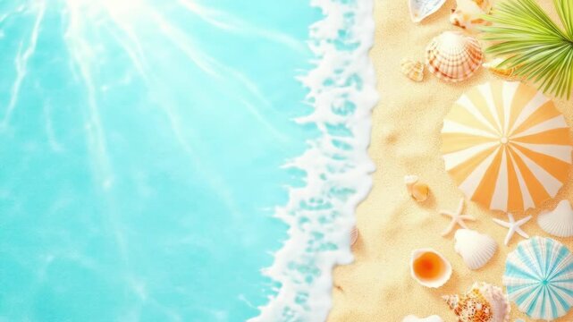 Dreamy beach scene for summer vacations. Palm leaves, seashells, starfishes on sand and sea waves for invitation card, banner, poster, background with copy space