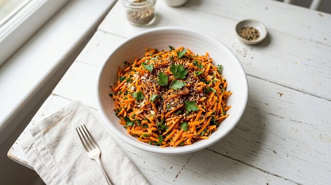 Slata Egyptian Spiced Carrot Salad in White Bowl &ndash; Warm Herb-Dressed Vegetable Side Dish Overhead Commercial Food Photography