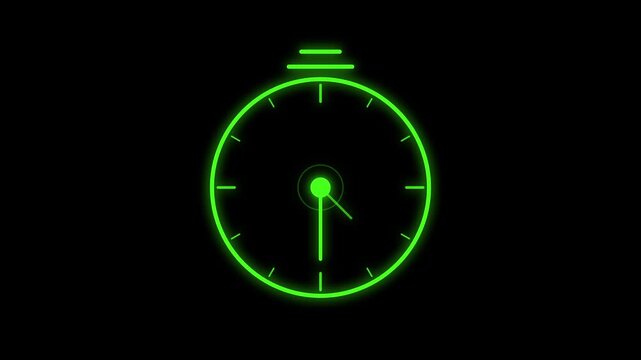 Neon green glowing stopwatch timer countdown animation on black background
