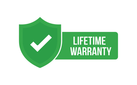 Lifetime Warranty Shield and Badge: A green shield with a white checkmark and a green badge displaying LIFETIME WARRANTY. business guarantee, product assurance, trust symbol.