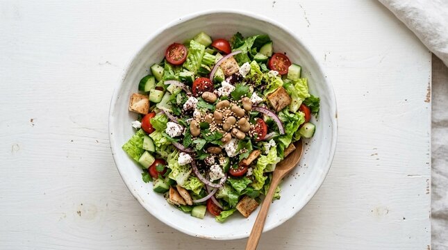 Romaine Lettuce Egyptian Salad in White Bowl &ndash; Fresh Crisp Cos Lettuce Salad Greens Overhead Commercial Food Photography