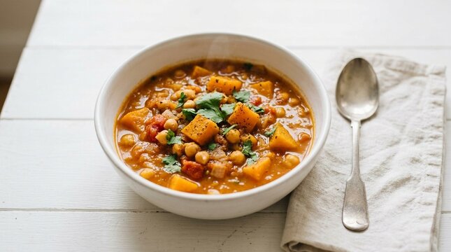 Yaqtin Egyptian Pumpkin Stew in White Bowl &ndash; Hearty Autumn Squash Vegetable Stew Overhead Commercial Food Photography
