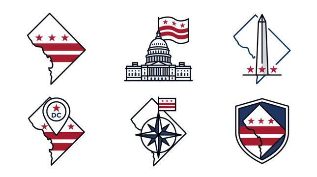 Washington dc landmark icons and map graphics in red white and blue