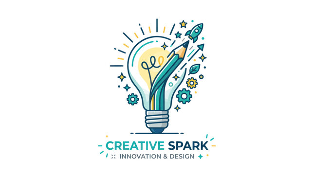 Glowing lightbulb with pencil rocket for creative innovation logo
