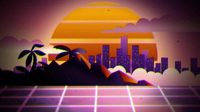 vaporwave miami hotline style neon coastline with city skyline and sunset
